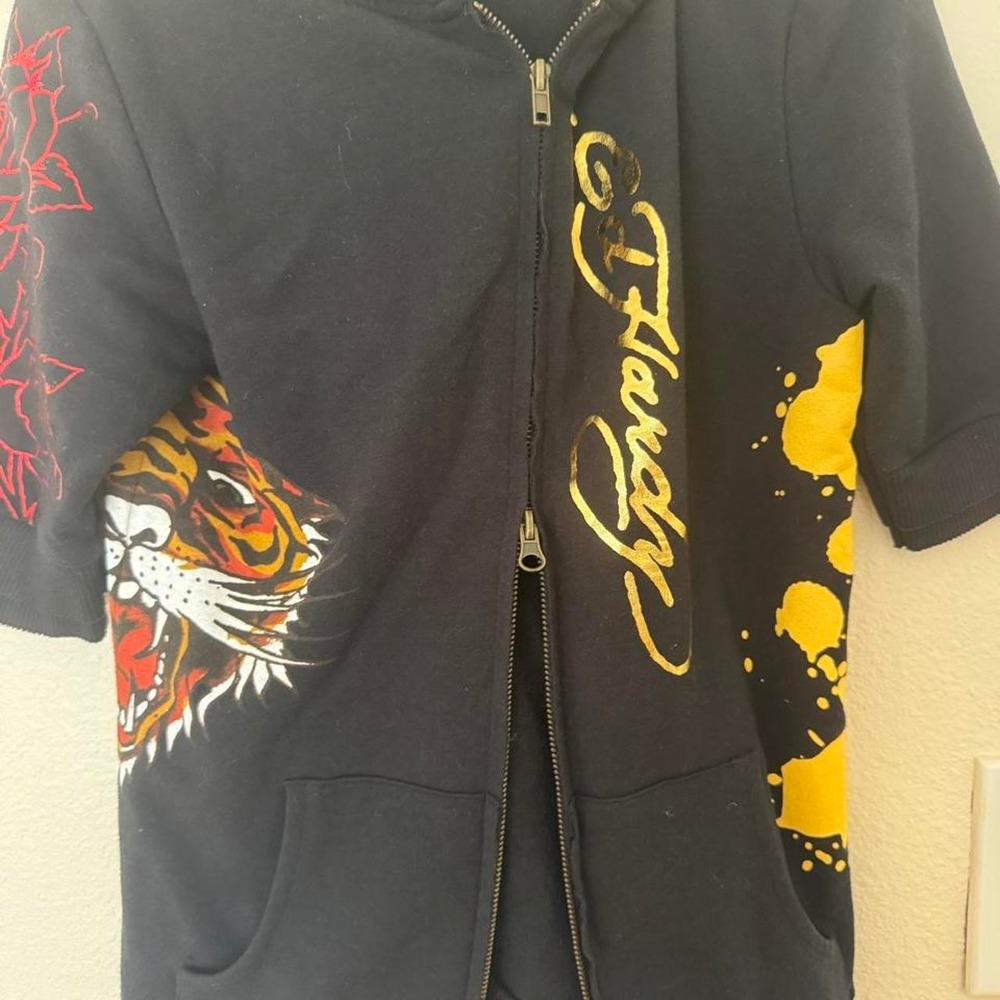 Ed Hardy Intimates Tiger Rose Gold Foil Short Sleeve Zip Up Hoodie Black Large - Picture 2 of 8